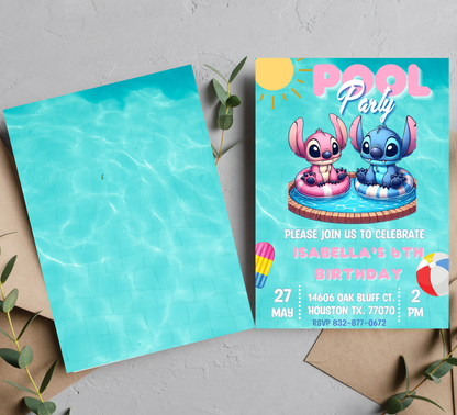 Stitch & Angel Pool Birthday Invitation 💗💙💦 | Cute Summer Swim Party | Editable Digital Template