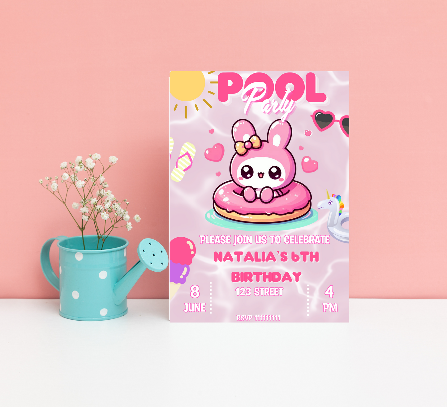 My Melody Pink Pool Birthday Invitation | Kawaii Summer Party Invite | Editable Canva Template | Cute Poolside Birthday Printable
