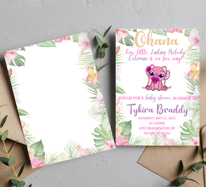Stitch Pink Angel Ohana Aloha Tropical Baby Shower Invitation | Hawaiian Baby Shower Invite | Editable Canva Template | Printable Baby Shower Card