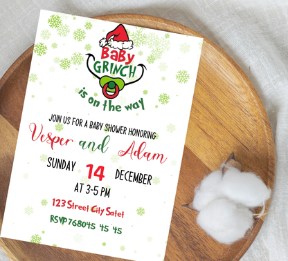 Grinch Baby Shower Christmas Winter Invitation | Holiday Baby Celebration | Editable Template