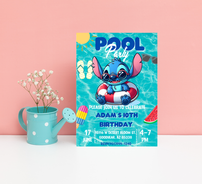 Stitch Pool Birthday Invitation | Kawaii Summer Swim Party Editable Canva Template
