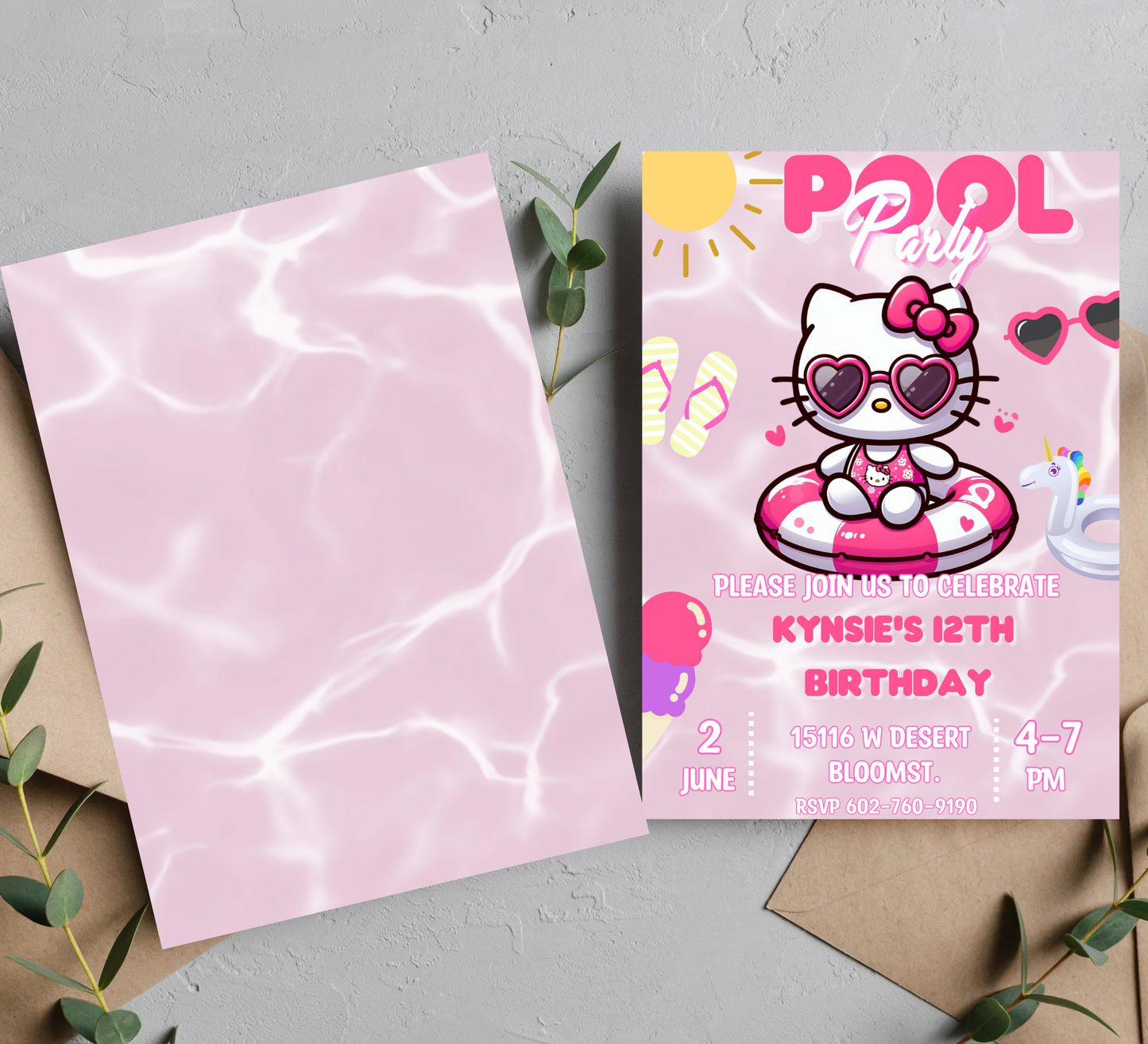 Hello Kitty Pink Pool Party Invitation | Self-Editable in Canva | Kawaii Summer Swim Birthday Invitation | Printable Template |