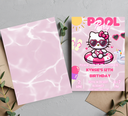 Hello Kitty Pink Pool Party Invitation | Self-Editable in Canva | Kawaii Summer Swim Birthday Invitation | Printable Template |