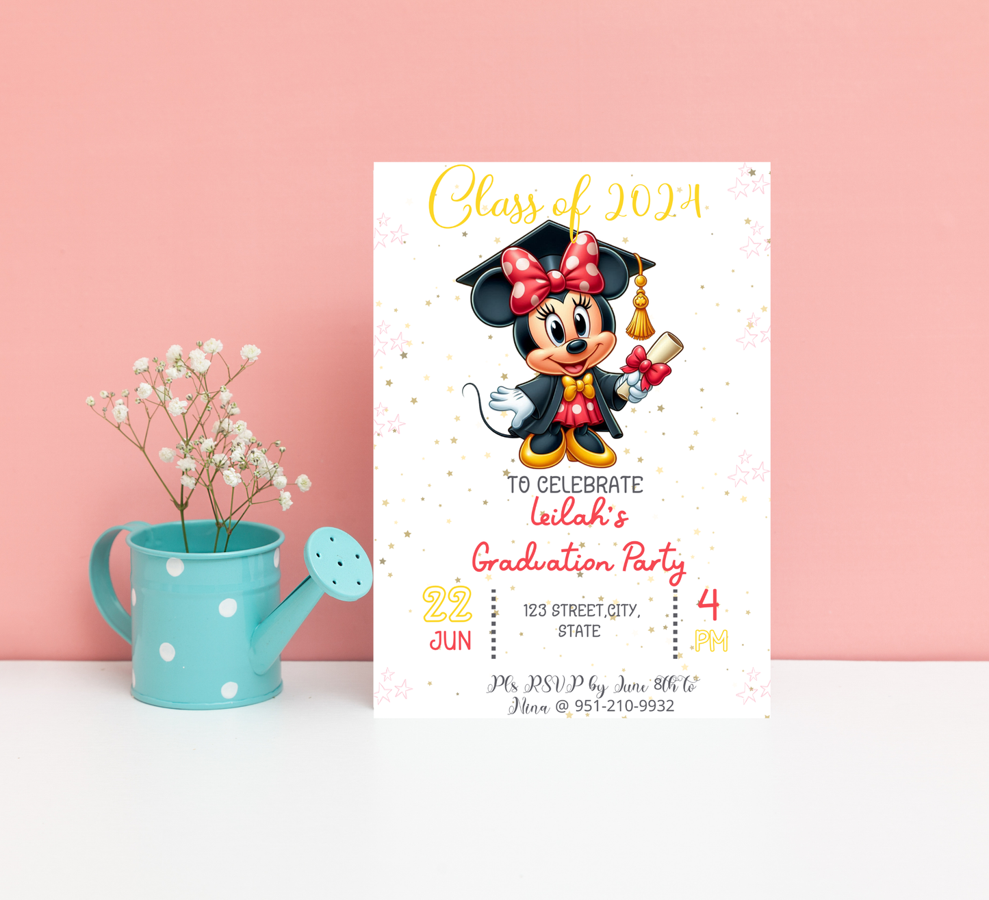 Minnie Mouse Graduation Invitation | Kindergarten & School Invite | Editable Canva Template | Cute Minnie Class of 2026 Graduation Party