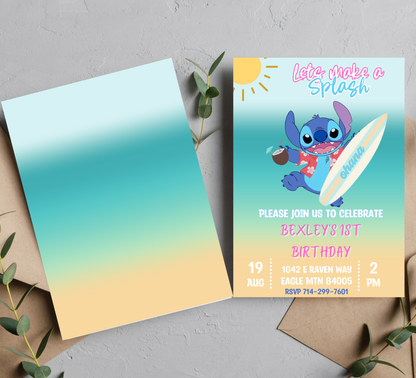 Stitch Surf Pool Birthday Invitation | Tropical Surfing Swim Party | Editable Canva Template