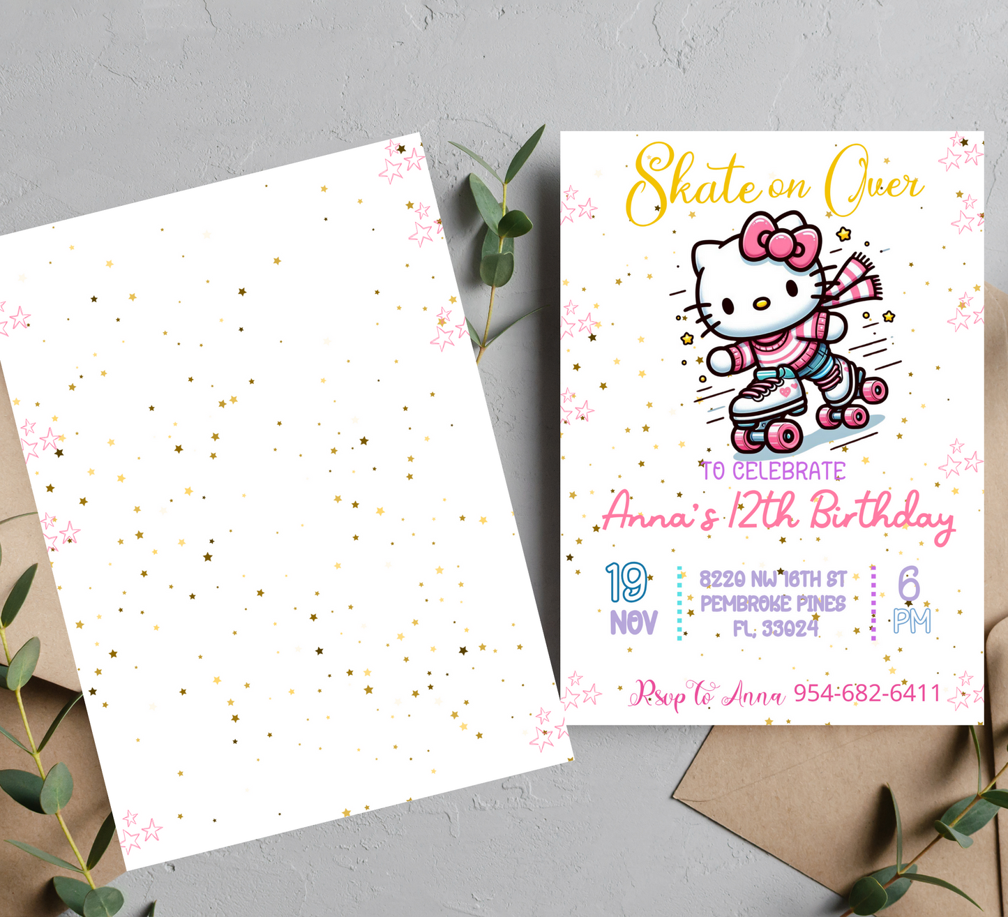 Hello Kitty Roller Skating Birthday Invitation | Editable Canva Template | Kawaii Skating Party Invite | Printable Girls Birthday Invitation