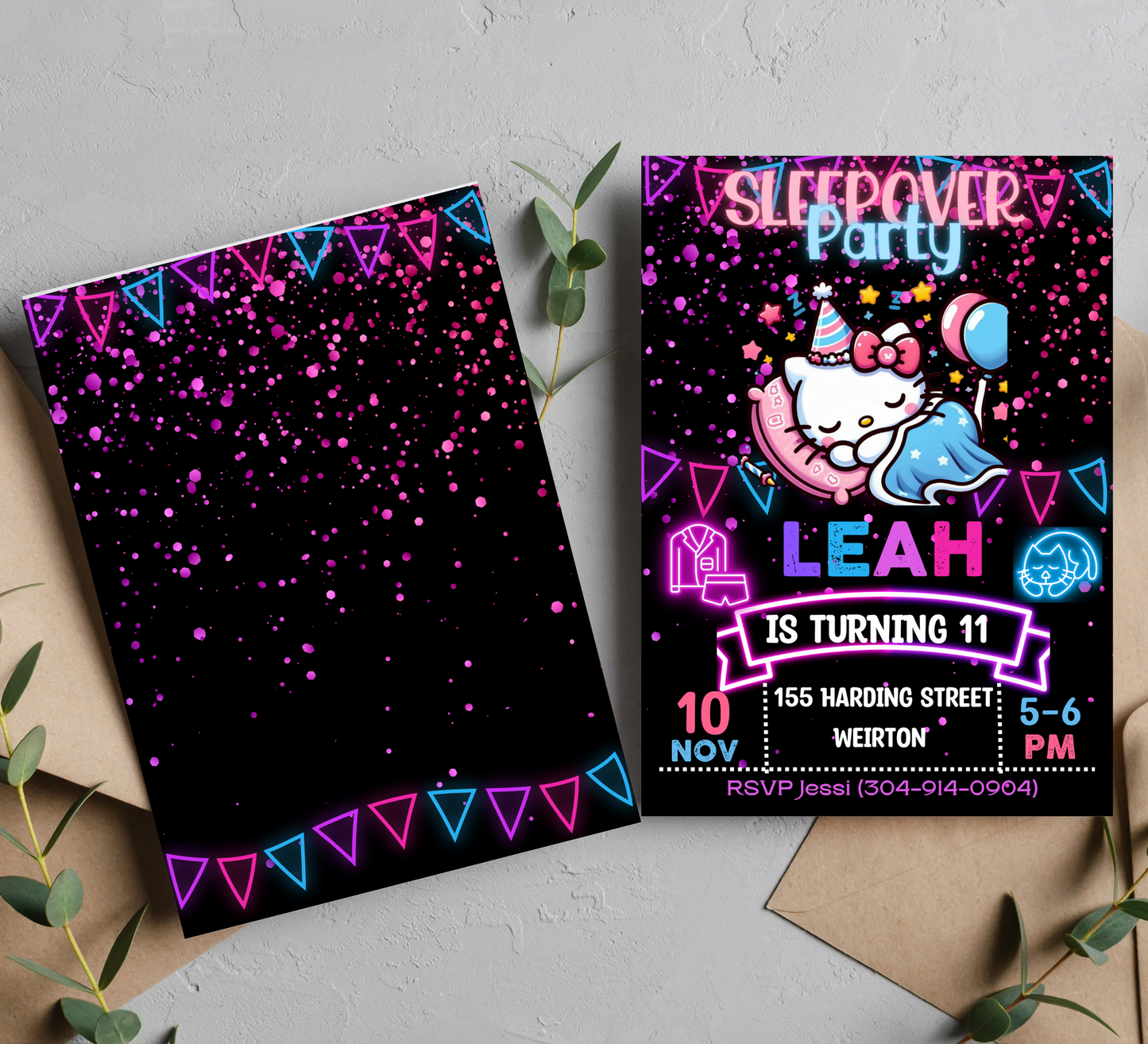 Hello Kitty Neon Sleepover Invitation | Editable Girls Slumber Party Invite | Fun & Customizable Glow Night Template