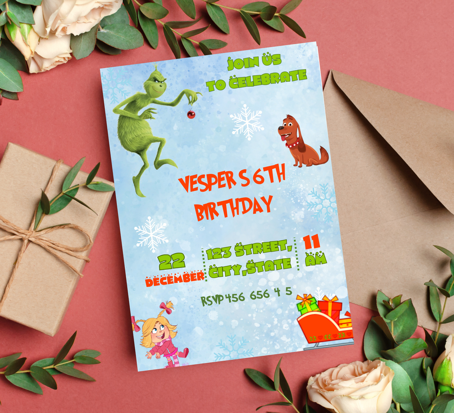 Grinch Grinchmas Birthday Invitation | Green Christmas Party Invite | Editable Holiday Template