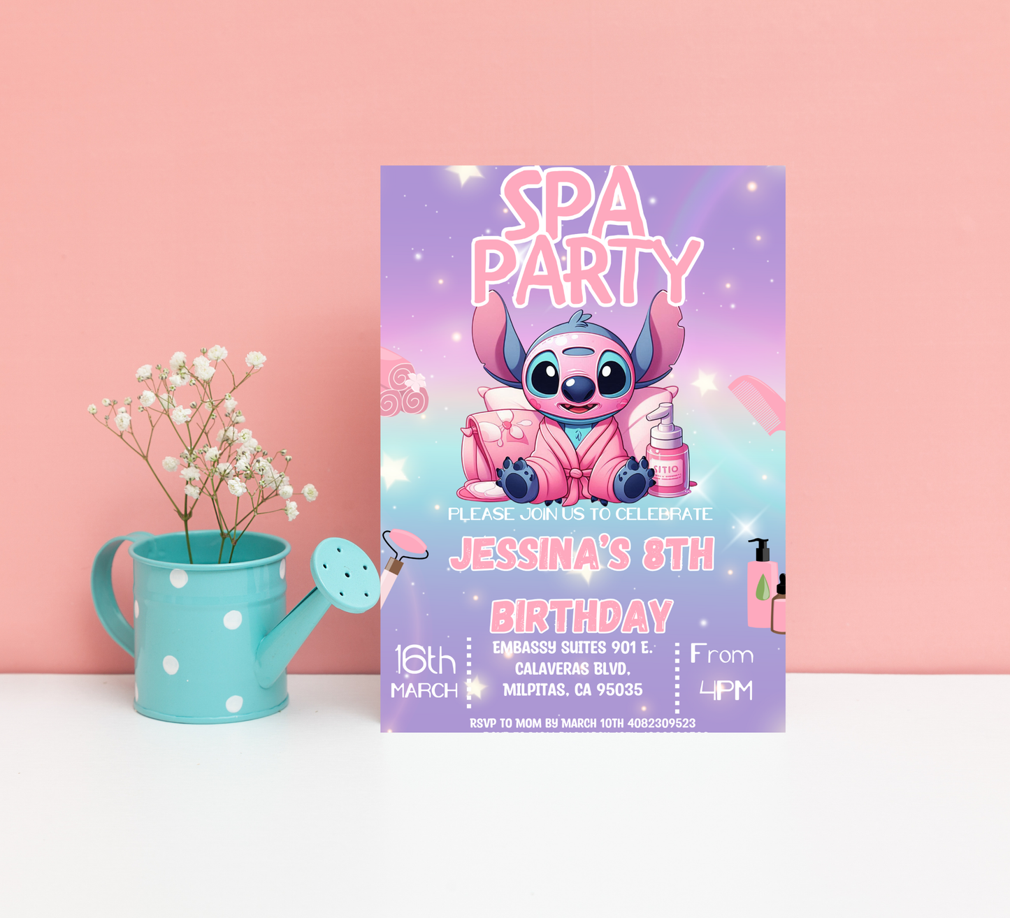 Stitch Sleepover Birthday Invitation – Pink & Purple Spa & Pajamas Party – Editable Canva Template – Kawaii Slumber Party Invite – Cute Tropical Pajama Bash – Instant Download