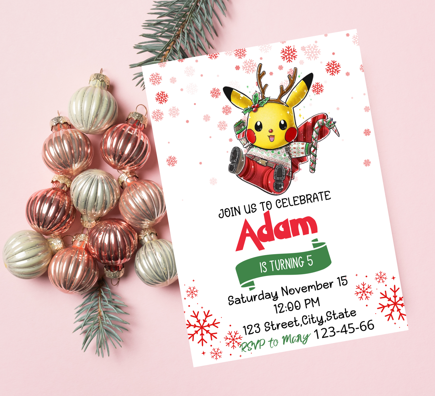Pikachu Pokémon Winter Birthday Invitation | Snowy Party Invite | Editable Template