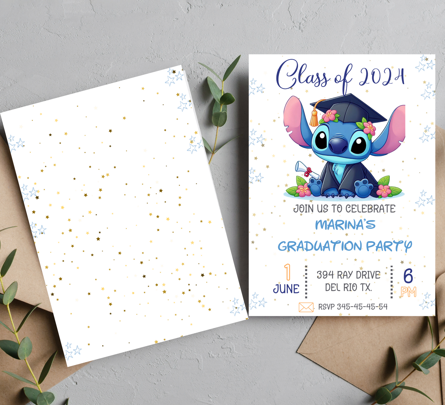 Stitch & Lilo Graduation Invitation | Kindergarten & School Celebration | Editable Canva Template
