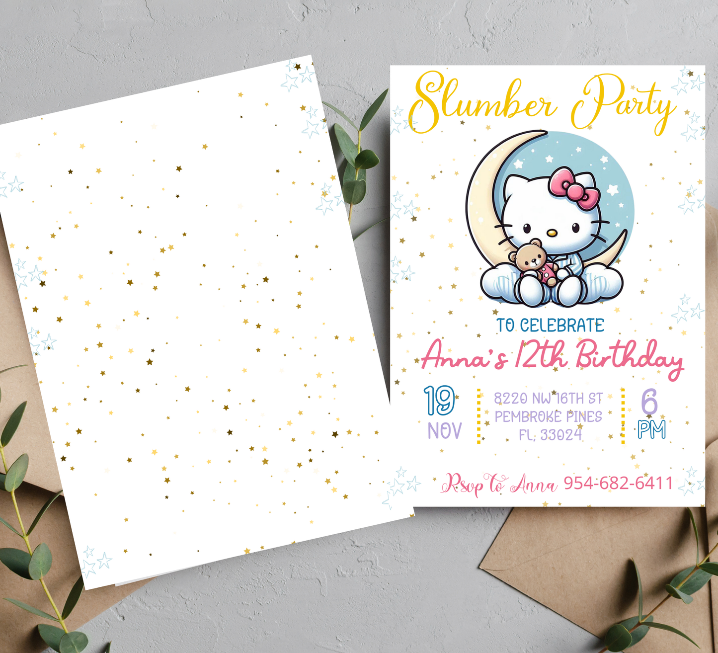 Hello Kitty Moon Sleepover Birthday Invitation 🌙🎀 | Kawaii Slumber Party | Editable Canva Template