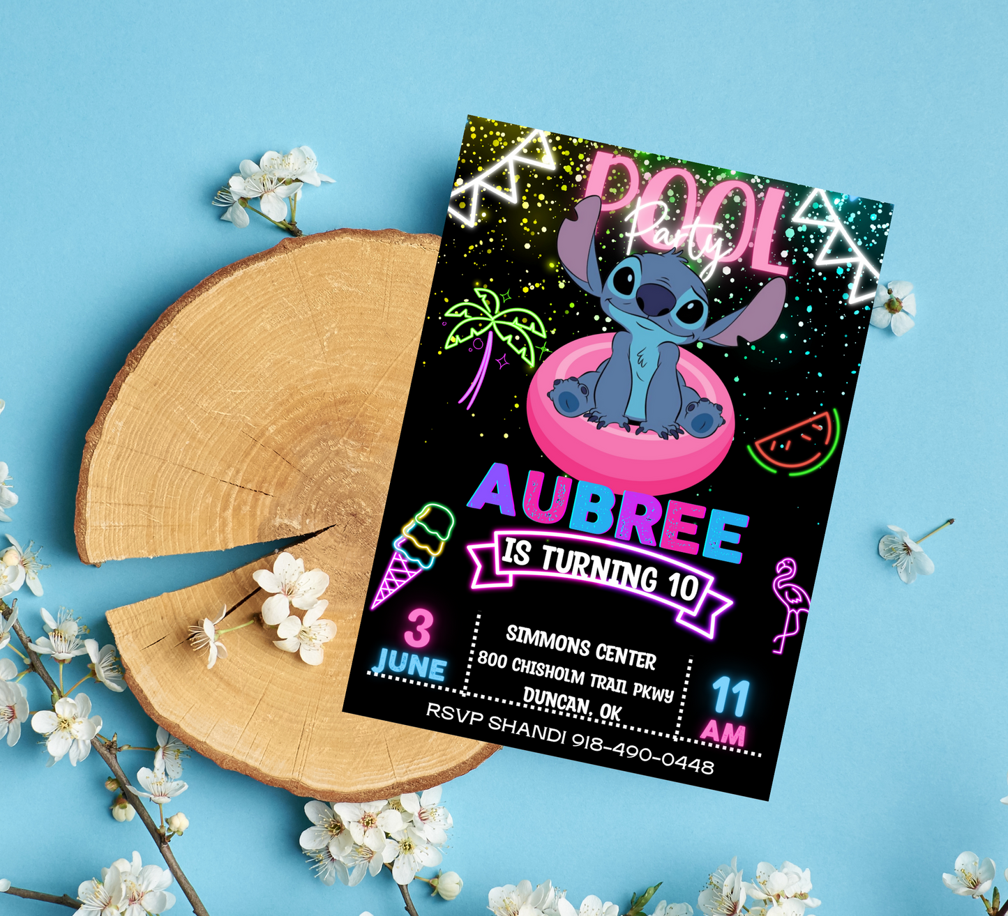 Stitch Pool Neon Birthday Invitation | Glow Party Pool Invite | Editable Digital Template