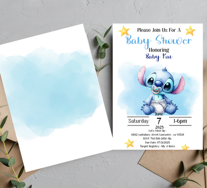 Stitch Watercolor Blue Baby Shower Invitation | Cute Boy Baby Shower Invite | Editable Canva Template | Printable Baby Shower Card