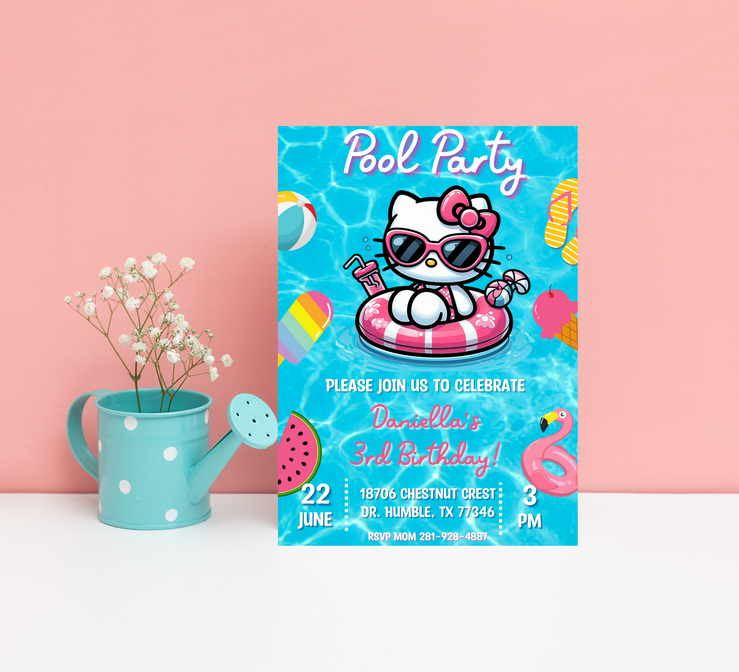 Hello Kitty Pool Blue Birthday Invitation | Editable Canva Template | Kawaii Summer Swim Party Invite | Printable Girls Birthday Invitation