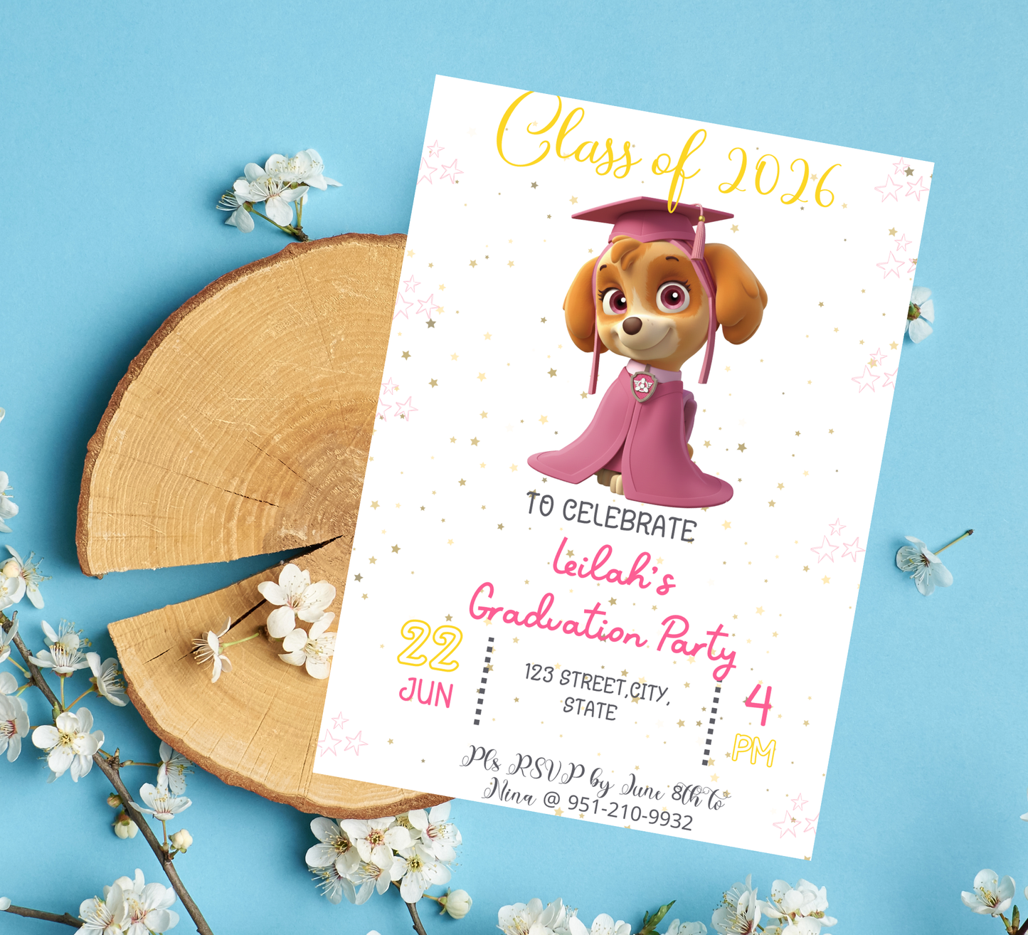 Skye Paw Patrol Graduation Invitation | Kindergarten & Preschool Invite | Pink Skye Graduation Party | Editable Canva Template