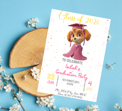 Skye Paw Patrol Graduation Invitation | Kindergarten & Preschool Invite | Pink Skye Graduation Party | Editable Canva Template