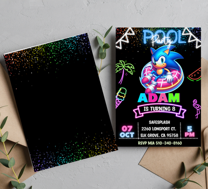 Sonic the Hedgehog Neon Pool Birthday Invitation | Cyber Blue Summer Swim Party | Editable Canva Template | Sonic Speed Splash Invite | Printable Kids Neon Pool Bash