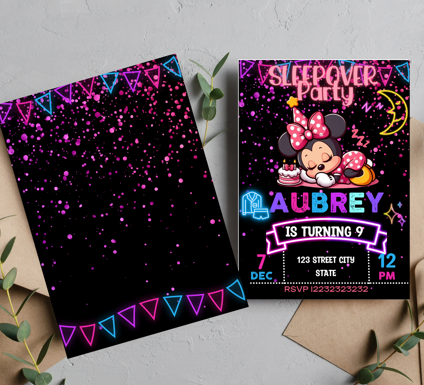 Minnie Mouse Neon Sleepover Birthday Invitation | Slumber Party Glow Invite | Editable Canva Template | Cute Pajama Party Printable