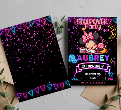 Minnie Mouse Neon Sleepover Birthday Invitation | Slumber Party Glow Invite | Editable Canva Template | Cute Pajama Party Printable