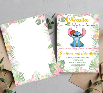 Stitch Ohana Aloha Tropical Baby Shower Invitation | Hawaii Theme | Editable Canva Template