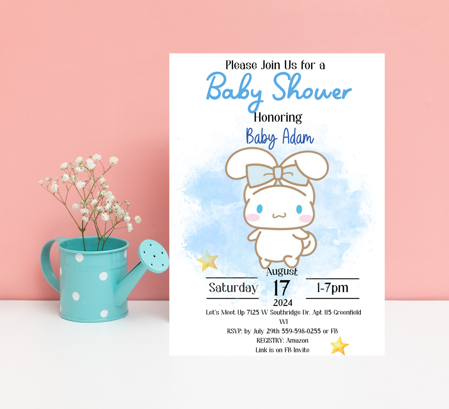 Kawaii Cinnamoroll Baby Shower Invitation | Watercolor Blue Baby Shower Invite | Editable Canva Template | Cute Sanrio Baby Shower Printable