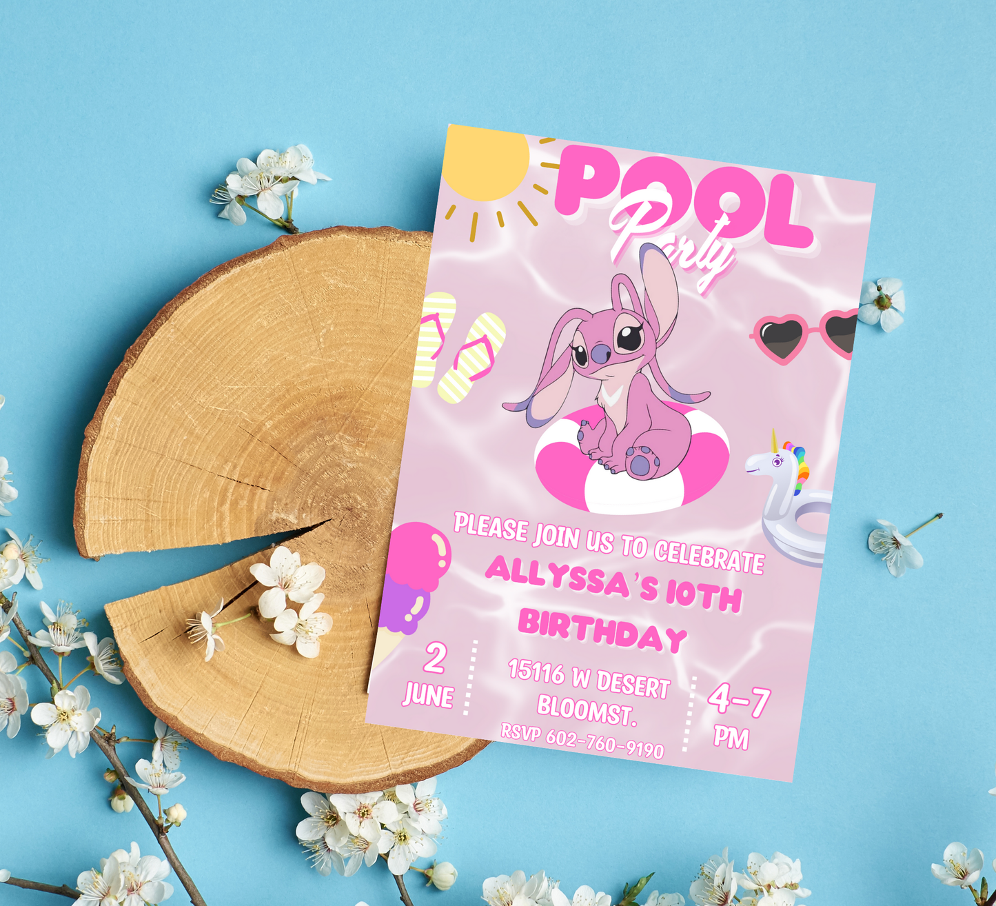 Stitch Angel Pink Pool Birthday Invitation | Cute Summer Party | Editable Digital Invite