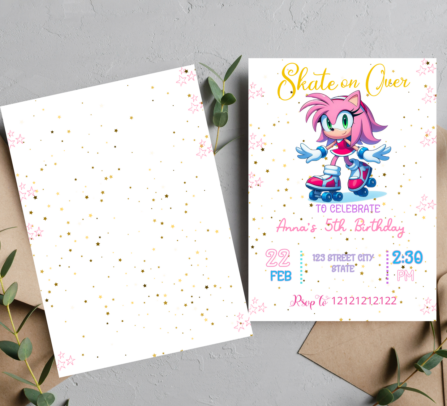 Amy Rose Roller Skating Birthday Invitation | Sonic Girl Skating Party Invite | Editable Canva Template | Pink Neon Skating Birthday Invitation