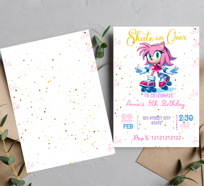Amy Rose Roller Skating Birthday Invitation | Sonic Girl Skating Party Invite | Editable Canva Template | Pink Neon Skating Birthday Invitation
