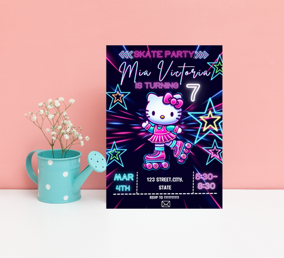Hello Kitty Roller Skating Neon Birthday Invitation | Editable Canva Template | Kawaii Glow Party Skating Invite | Printable Girls Birthday Invitation