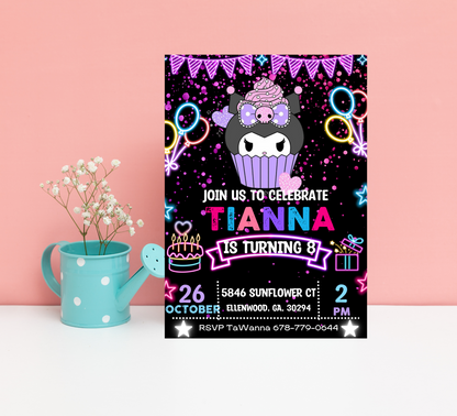 Kuromi Neon Birthday Invitation | Kawaii Glow Party Invite | Editable Canva Template | Cute Sanrio Neon Birthday Invitation
