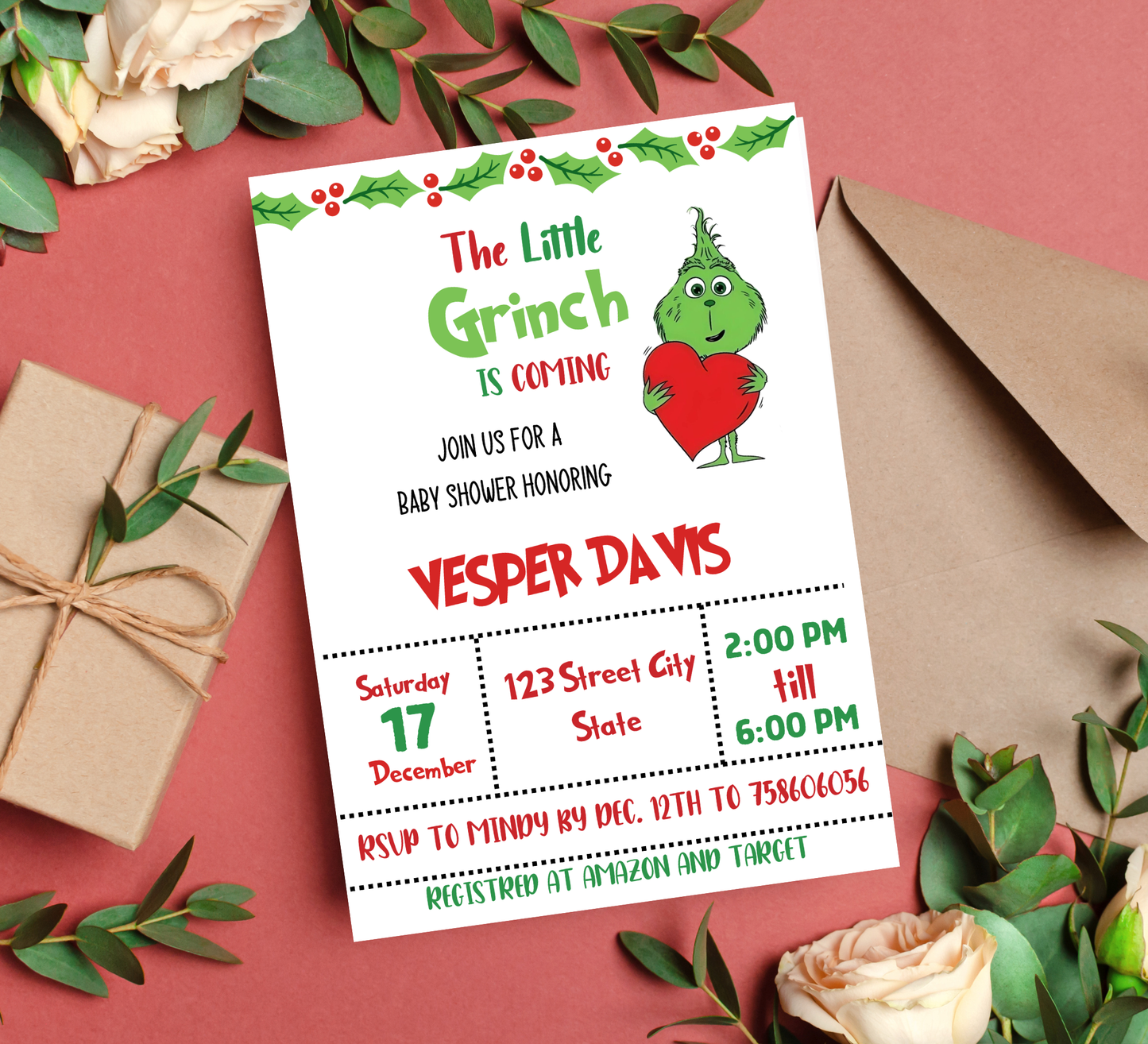 Grinch Baby Shower Winter Christmas Invitation | Holiday Baby Celebration | Editable Template