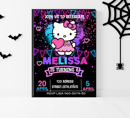 Hello Kitty Neon Birthday Invitation | Kawaii Glow Party Invite | Editable Canva Template | Cute Bright Printable Girls Birthday Invitation