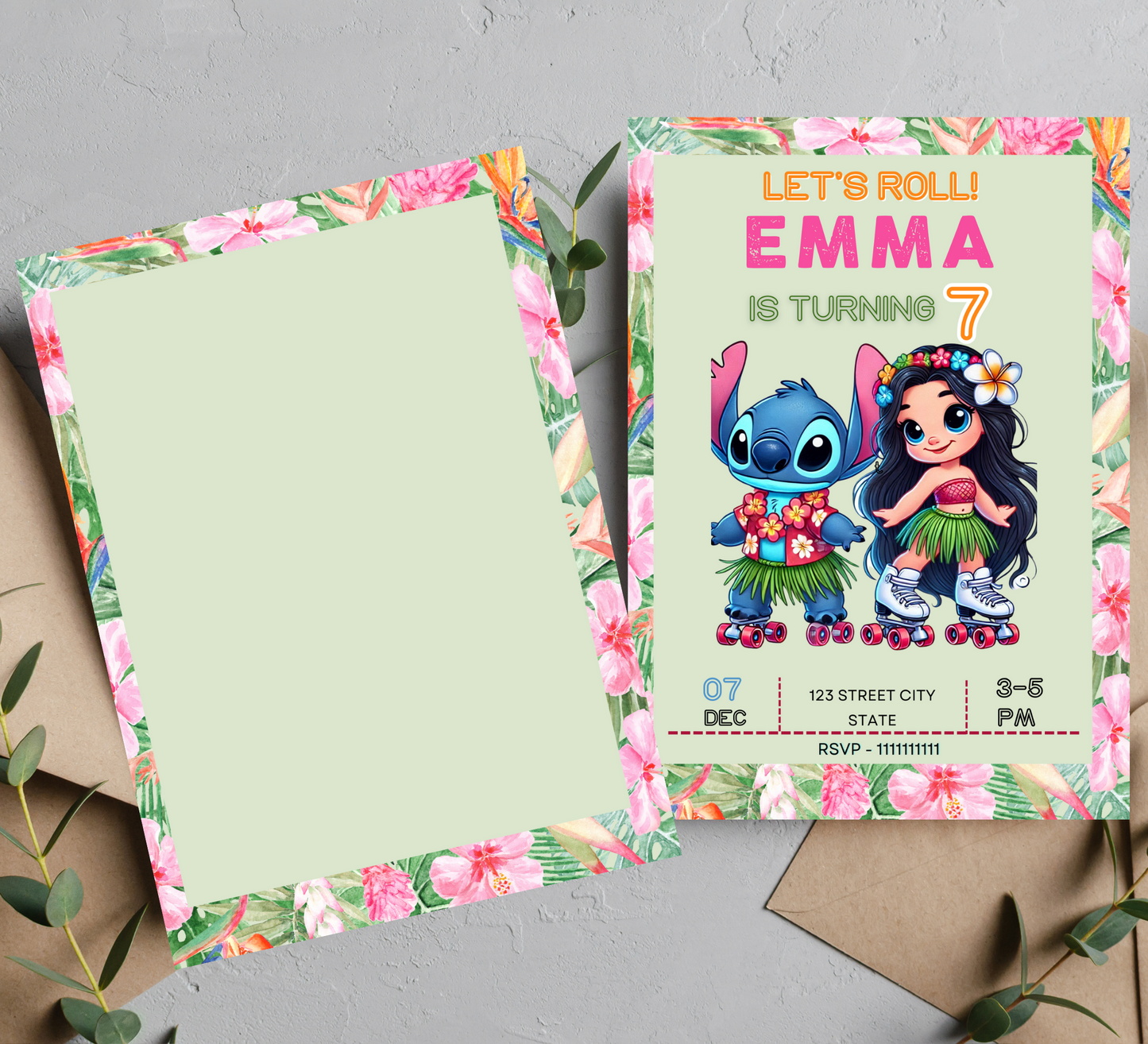 Stitch & Lilo Tropical Roller Skating Birthday Invitation | Editable Canva Template | Kawaii Summer Party Invite | Printable Kids Birthday Invitation