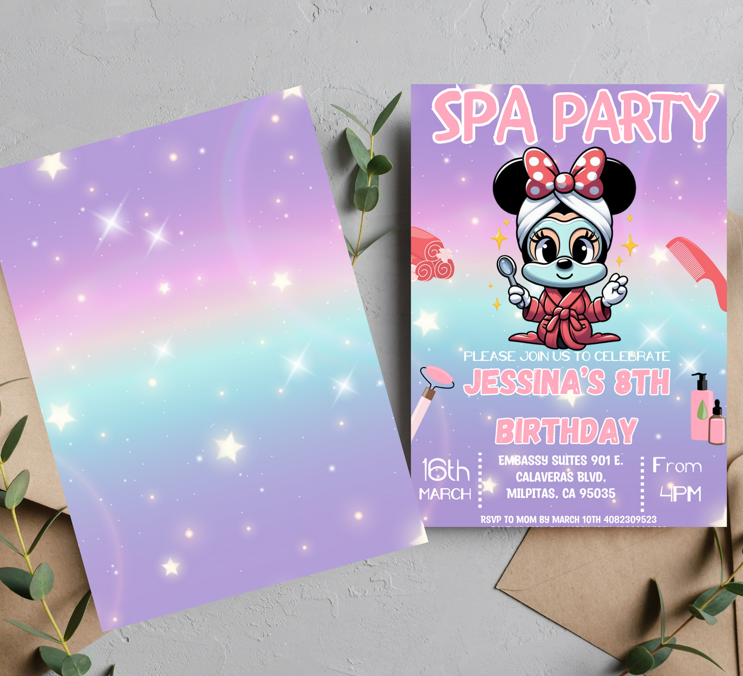 Minnie Mouse Spa Party Sleepover Birthday Invitation | Slumber Spa Day Invite | Editable Canva Template | Printable Girls Birthday Invitation