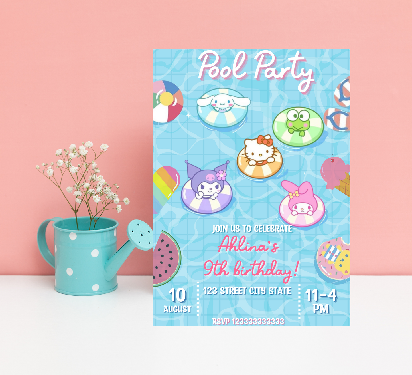 Kawaii Hello Kitty & Friends Watercolor Pool Birthday Invitation | Editable Canva Template | Cute Printable Girls Summer Party Invite