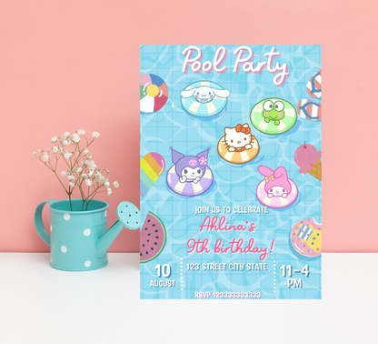 Kawaii Hello Kitty & Friends Watercolor Pool Birthday Invitation | Editable Canva Template | Cute Printable Girls Summer Party Invite