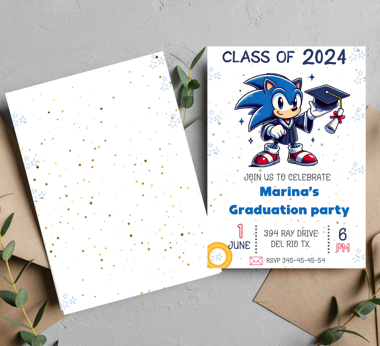 Sonic Graduation Invitation | Kindergarten & School Graduation Party Invite | Editable Canva Template | Printable Sonic Graduation Card
