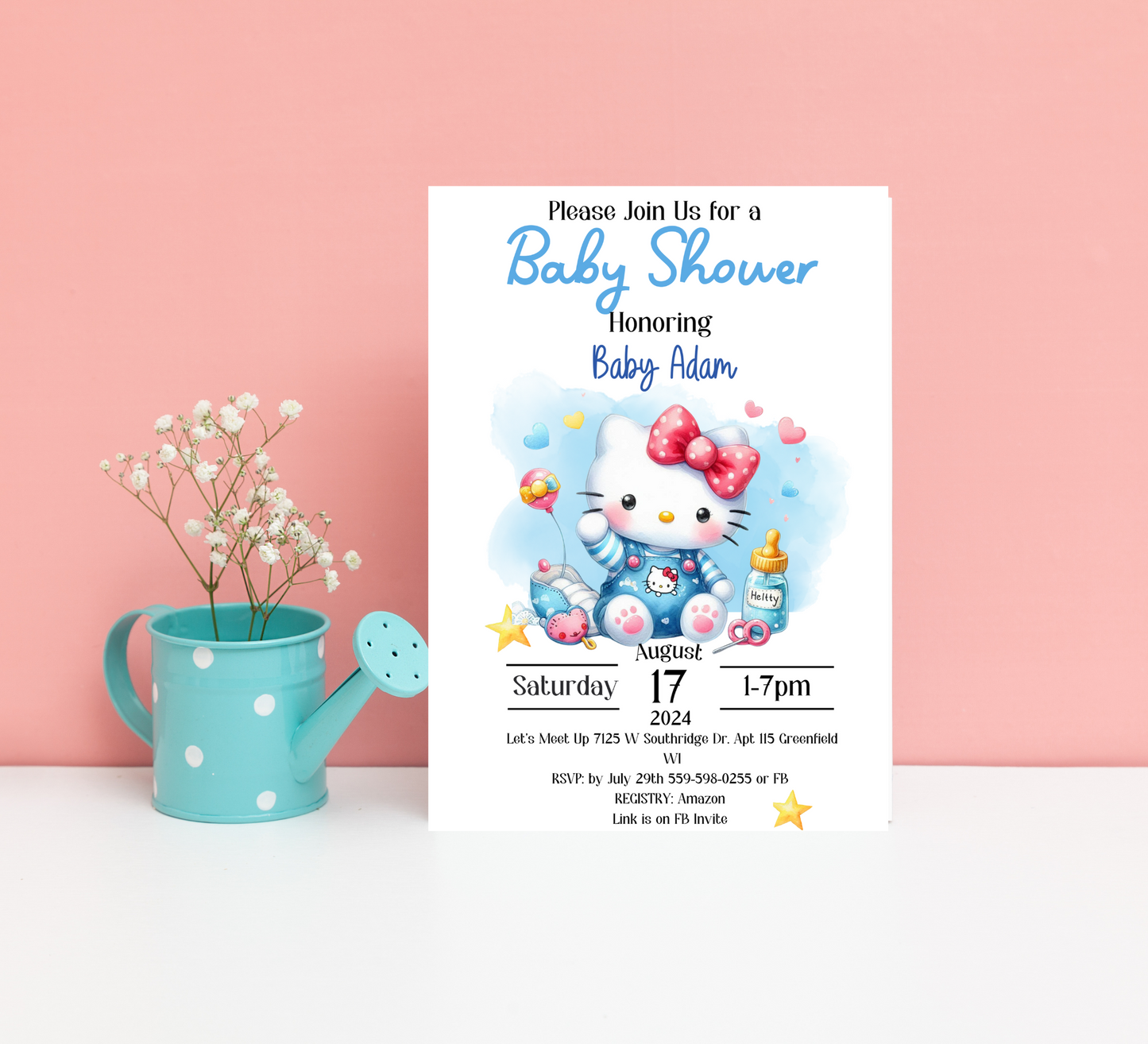 Hello Kitty Blue Baby Shower Invitation | Editable Canva Template | Kawaii Baby Boy Shower Invite | Printable Cute Baby Announcement