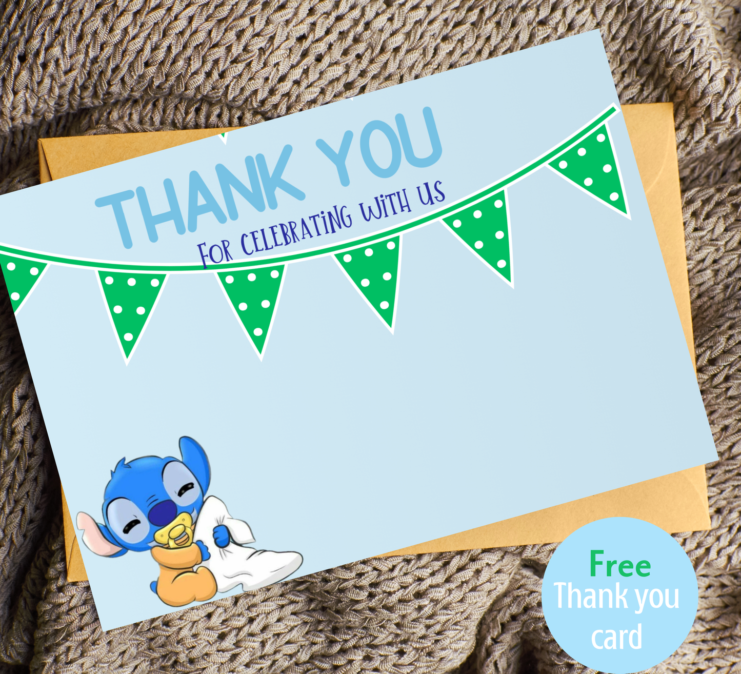 Stitch Blue With Flowers Baby Shower Invitation | Boy Baby Shower | Editable Canva Template