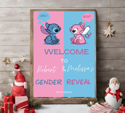 Stitch & Angel Pink and Blue Gender Reveal Welcome Sign | Baby Reveal Decor | Editable Template