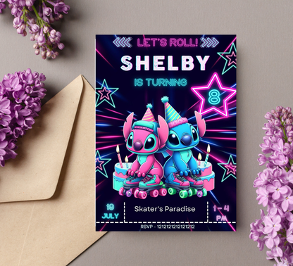 Stitch & Lilo Neon Roller Skating Invitation | Glow Party Invite | Editable Canva Template | Retro Lilo and Stitch Birthday
