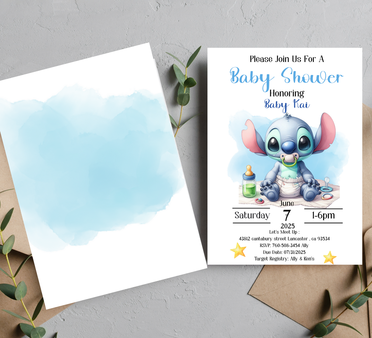 Stitch Watercolor Blue Birthday Invitation | Cute Baby Shower or First Birthday Invite | Editable Canva Template | Printable Blue Stitch Party Invitation