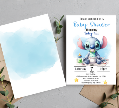 Stitch Watercolor Blue Birthday Invitation | Cute Baby Shower or First Birthday Invite | Editable Canva Template | Printable Blue Stitch Party Invitation