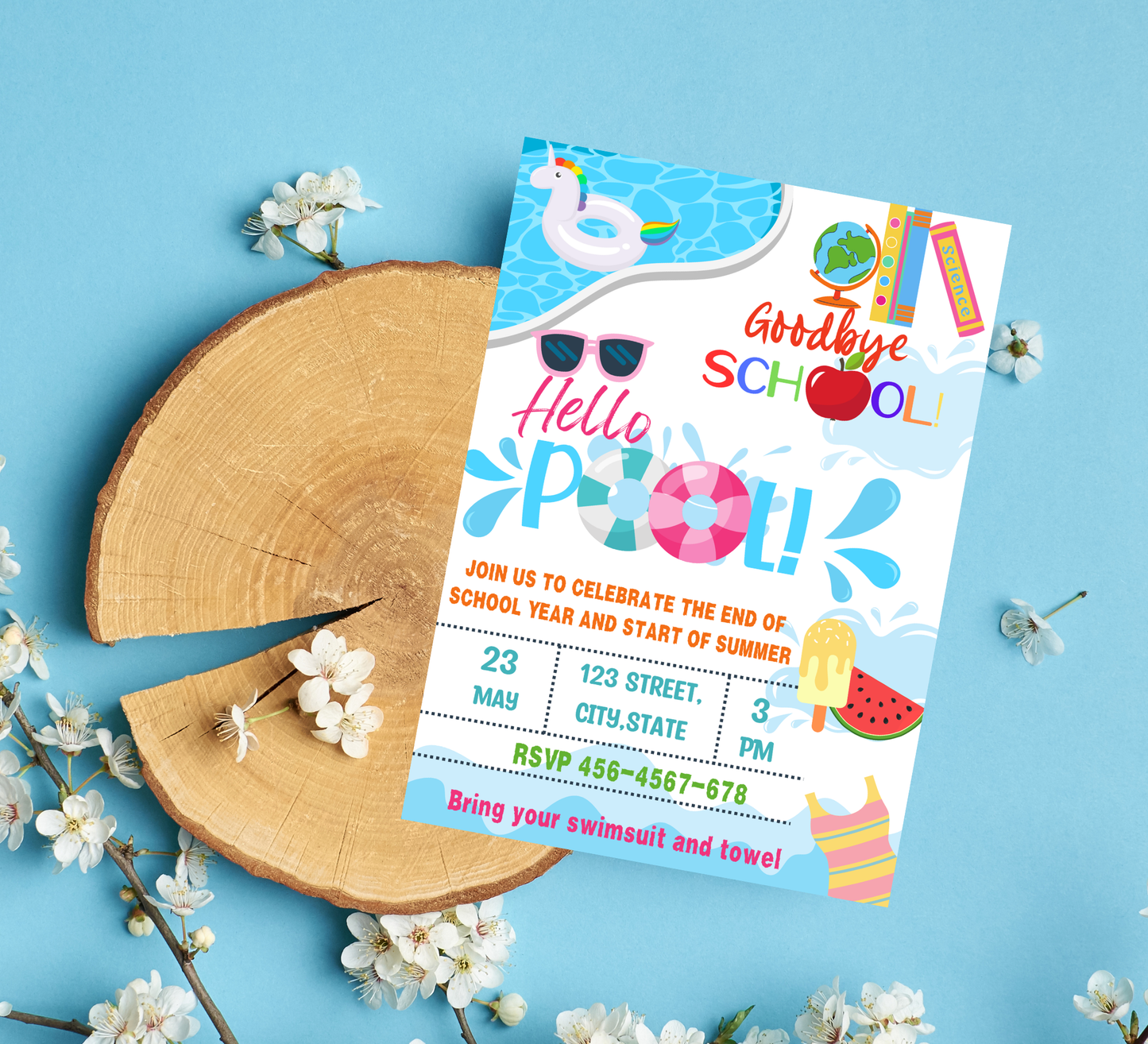 Goodbye Kindergarten Hello Summer Pool Party Invitation | Editable Canva Template