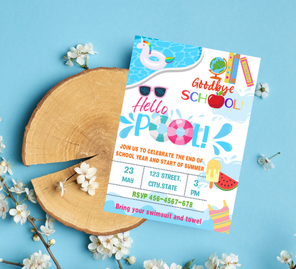 Goodbye Kindergarten Hello Summer Pool Party Invitation | Editable Canva Template