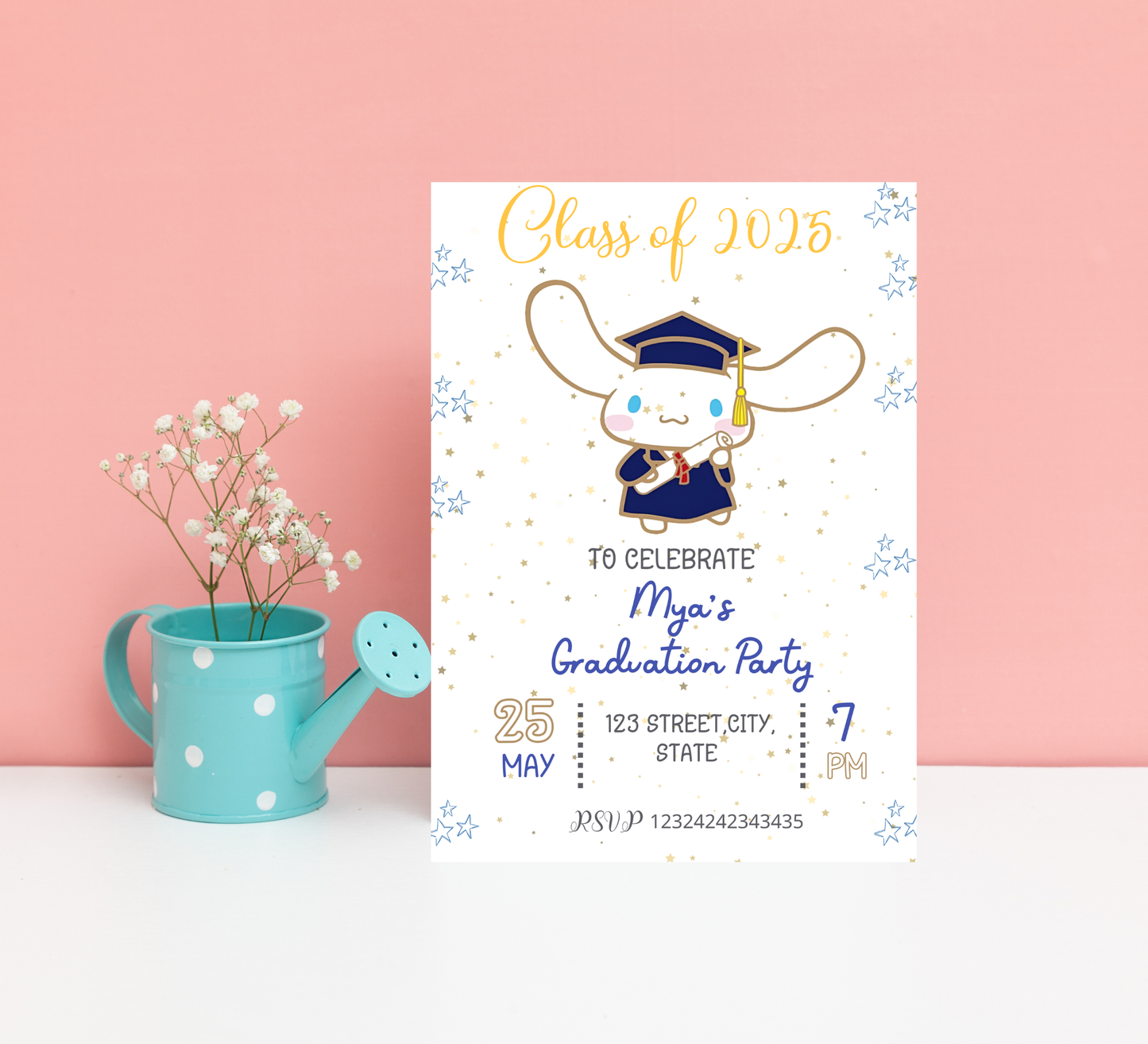 Cinnamoroll Kawaii Graduation Invitation | Kindergarten & School Invite | Editable Canva Template | Cute Aesthetic Class