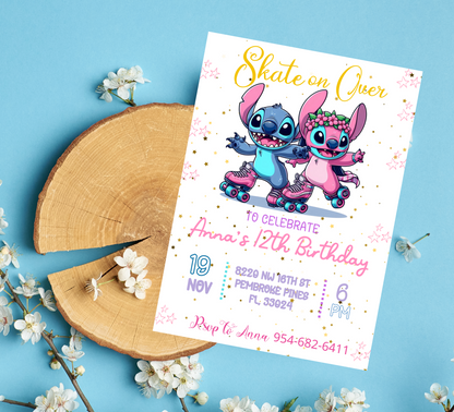 Lilo & Stitch Roller Skating Invitation | Retro Roller Disco Party Template Editable Canva Template | Stitch on Wheels Birthday Invite
