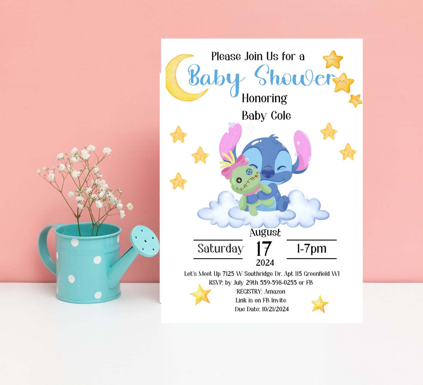 Stitch Baby Shower Invitation | Cute Blue Baby Shower Invite | Editable Canva Template | Printable Baby Shower Card