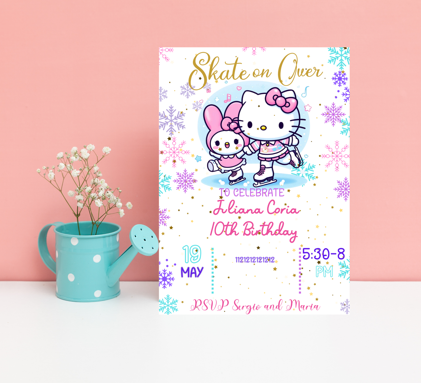 Hello Kitty & My Melody Ice Skating Winter Birthday Invitation | Cute Snow Party | Editable Template